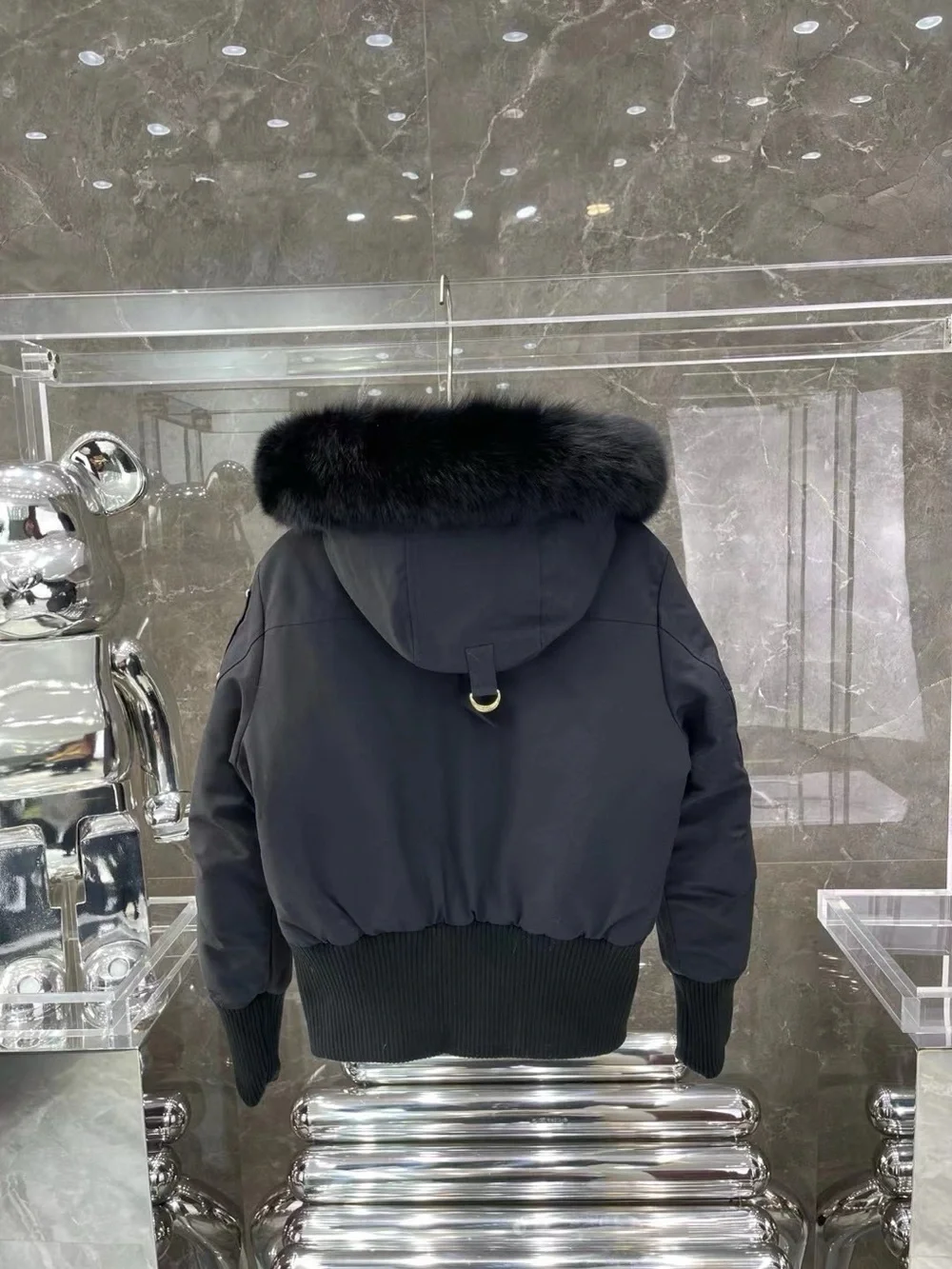 Moose Knuckles Black Hooded Puffer Jacket with Gold Lining